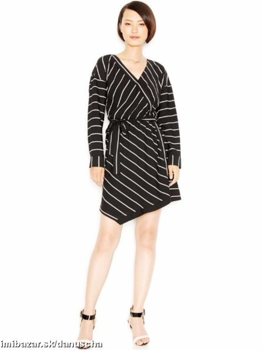 Bar III Black and White Striped Wrap Dress - Long Sleeve